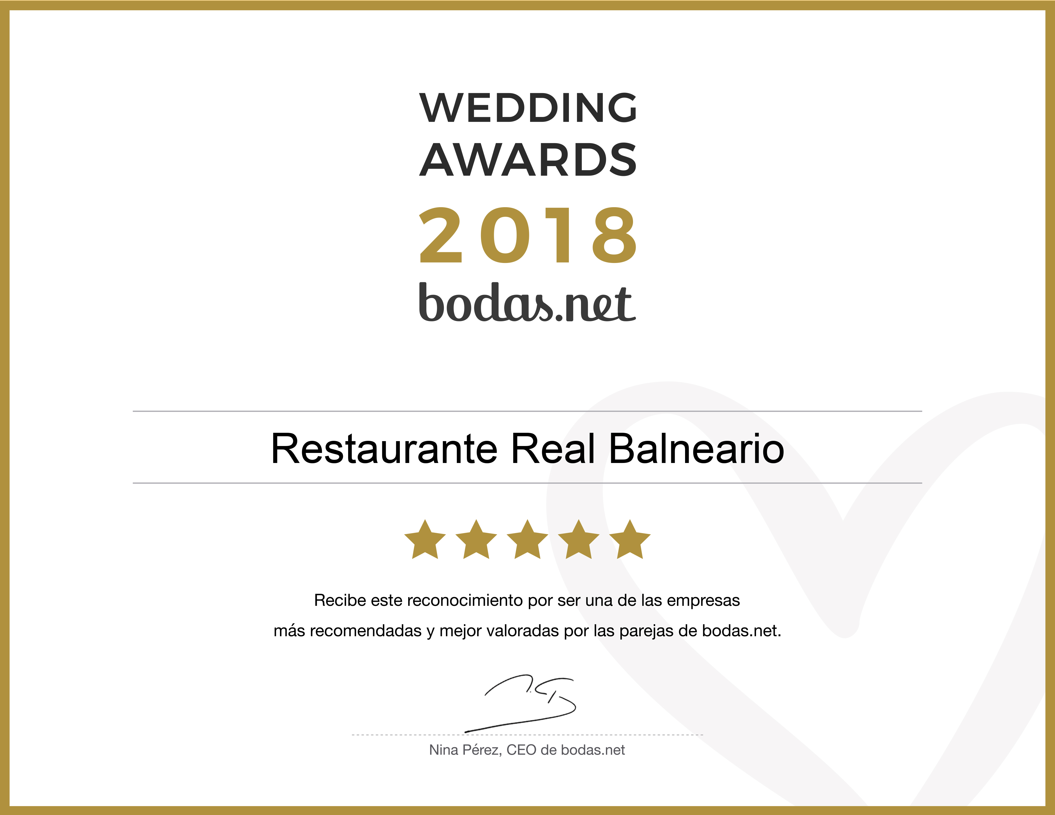 Bodas.net reconoce la excelencia del Real Balneario con un Wedding Awards 2018